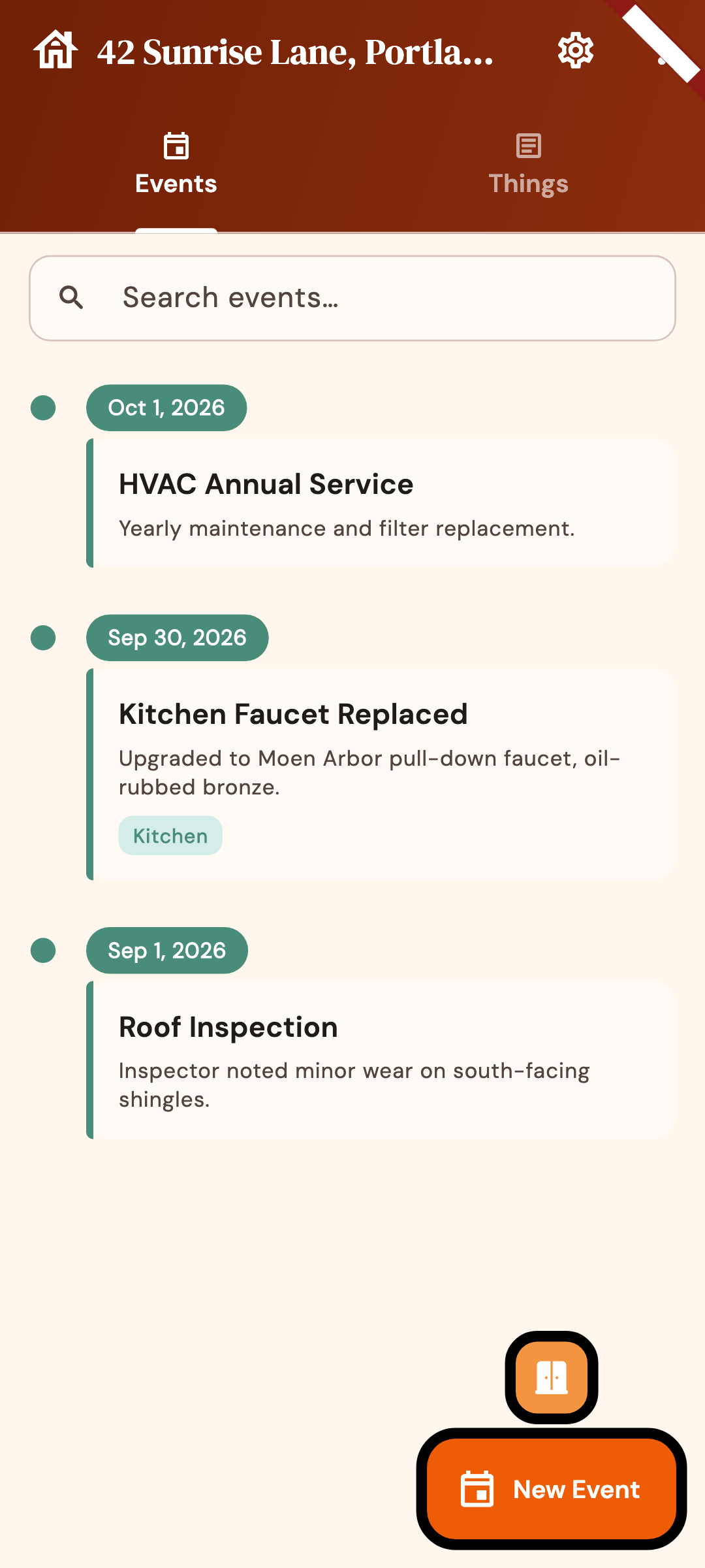 Home screen with events